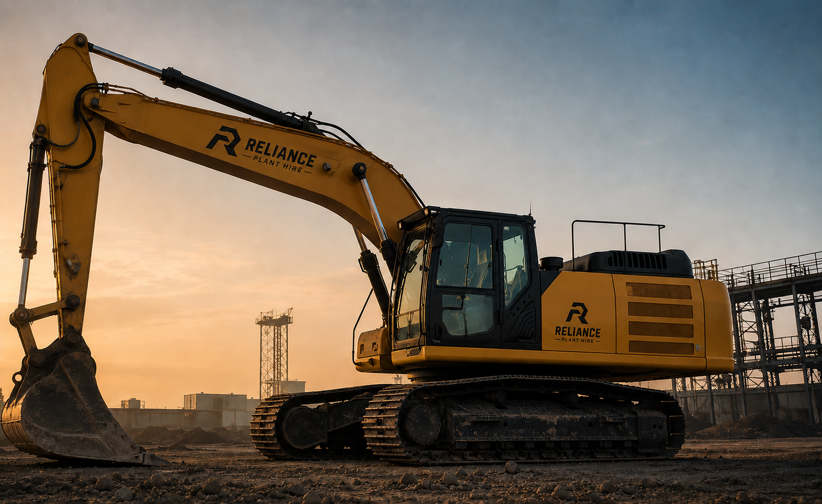 Yellow hydraulic excavator at dusk